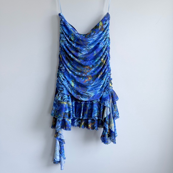 NWT OUTCAST CLOTHING KATIE STRAPLESS MINI DRESS AZURE FEATHER L Mesh Ruffle Y2K - Picture 5 of 15